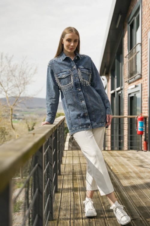 Taş İşlemeli Denim Ceket KZ04-7113