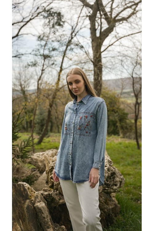 Denim Taş İşlemeli Cepli Gömlek Tunik KZ04-7118