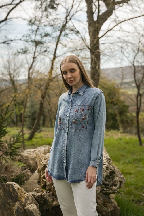 Denim Taş İşlemeli Cepli Gömlek Tunik KZ04-7118