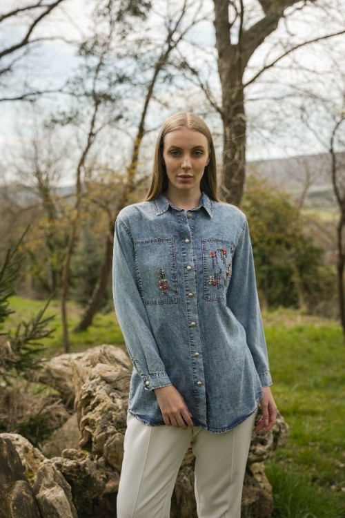 Denim Taş İşlemeli Cepli Gömlek Tunik KZ04-7118