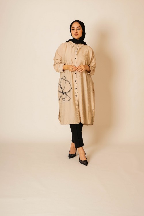 Çiçek Baskılı Krem Tunik KZ04-3619-K