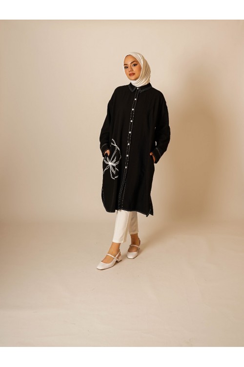 Çiçek Baskılı Siyah Tunik KZ04-3619-S