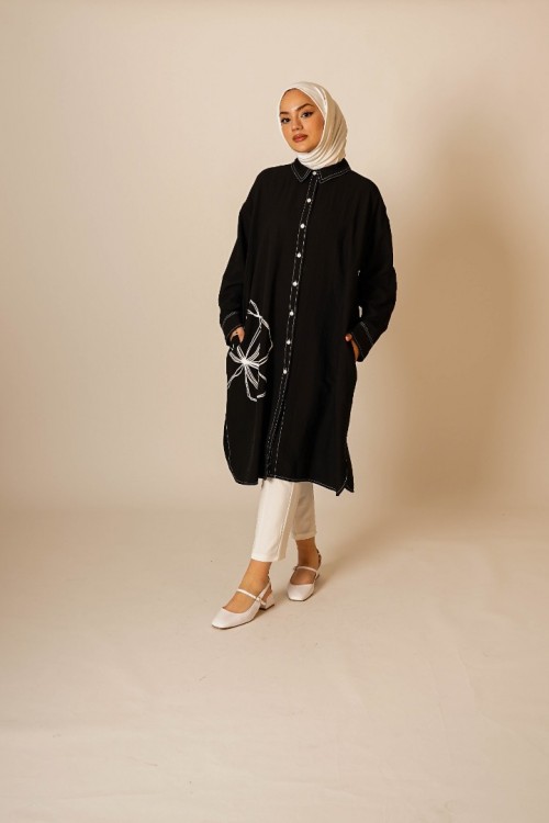 Çiçek Baskılı Siyah Tunik KZ04-3619-S