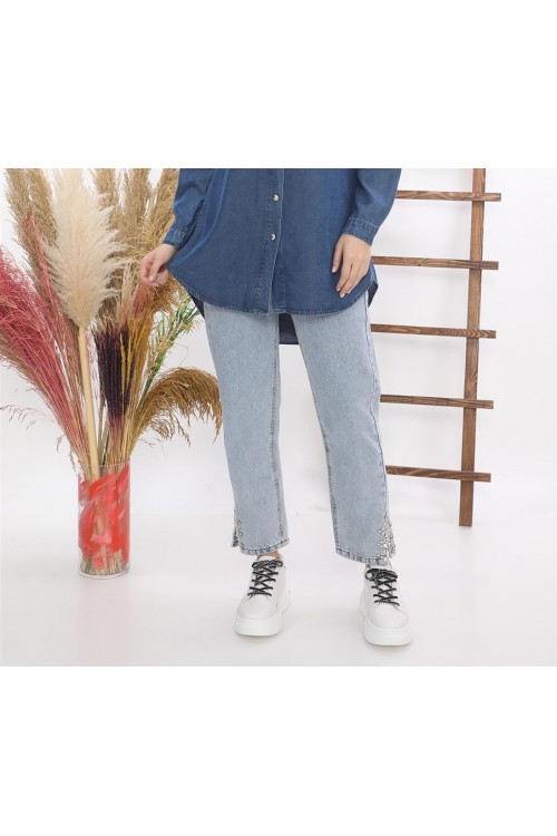 Taş İşlemeli Yüksek Belli Kot Pantolon KZ04-2751-M