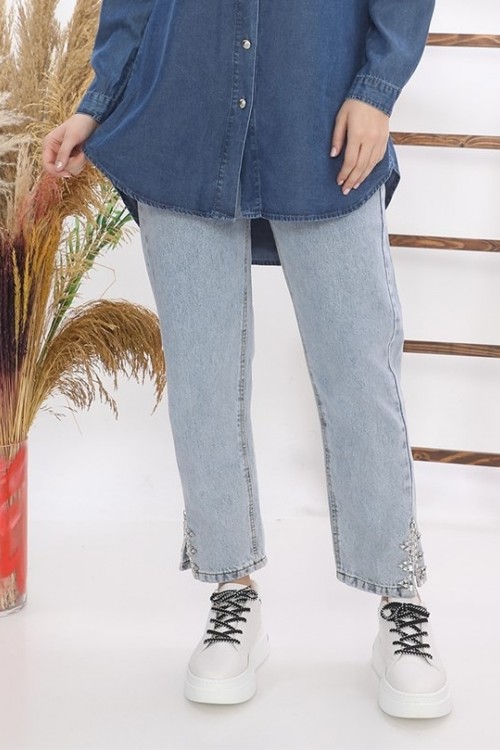 Taş İşlemeli Yüksek Belli Kot Pantolon KZ04-2751-M