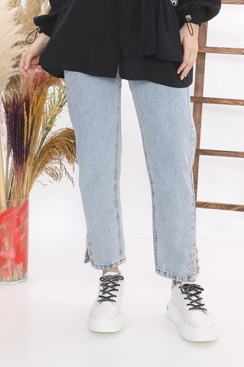 Taş İşlemeli Yüksek Belli Kot Pantolon KZ04-2751-M