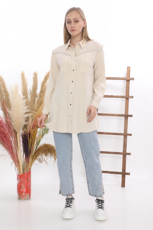 Tensel Taş İşlemeli Cepli Gömlek Tunik KZ04-7109-K