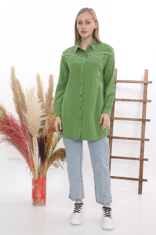 Tensel Taş İşlemeli Cepli Gömlek Tunik KZ04-7109-Y