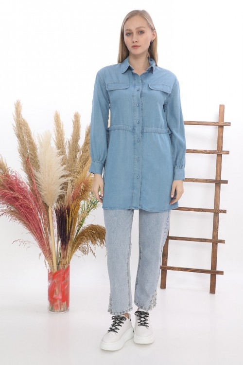 Tensel Bel Detaylı Cepli Gömlek Tunik KZ04-7107-M