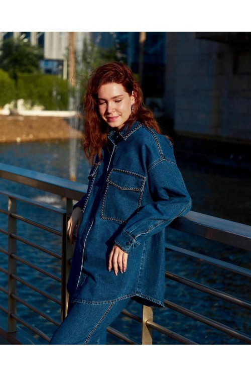 İnci Çakma Detaylı Denim Tunik ikili Takım KZ04-7138