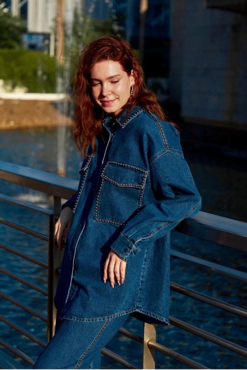 İnci Çakma Detaylı Denim Tunik ikili Takım KZ04-7138