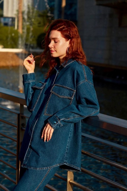 İnci Çakma Detaylı Denim Tunik ikili Takım KZ04-7138