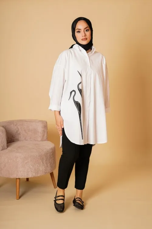 Kuğu Baskılı Poplin Gömlek KZ04-3526B