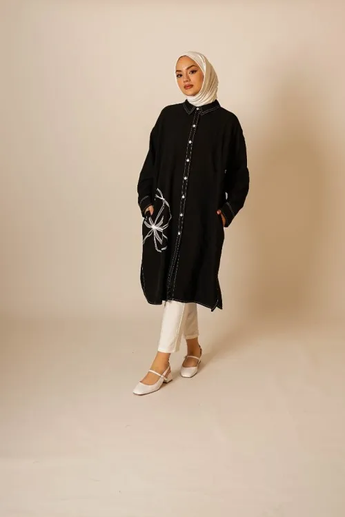 Çiçek Baskılı Siyah Tunik KZ04-3619-S